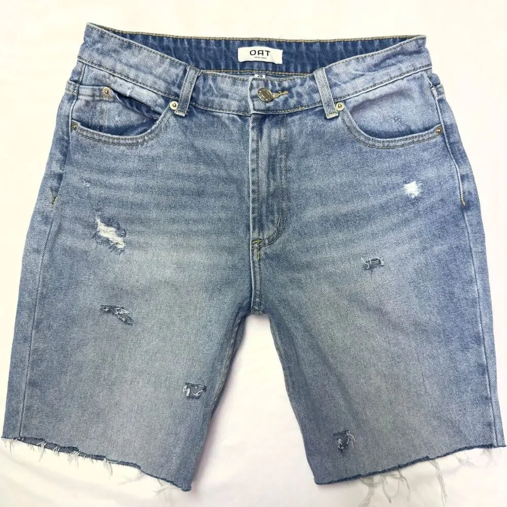 oat new york denim long line distressed high-rise bermuda shorts size 28”